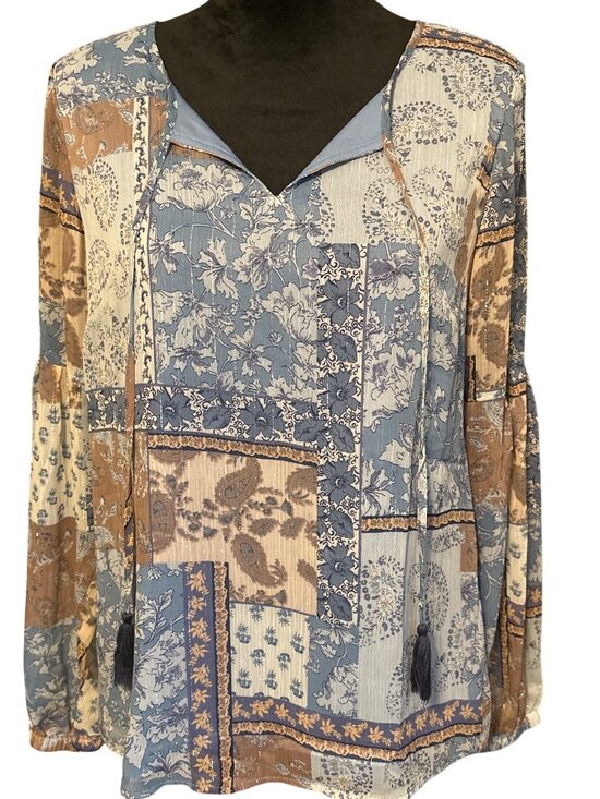 Lucky Brand Tops - Womens Boho Patchwork Long-Sleeve Blouse With Tassel Ties By Lucky Brand - Size